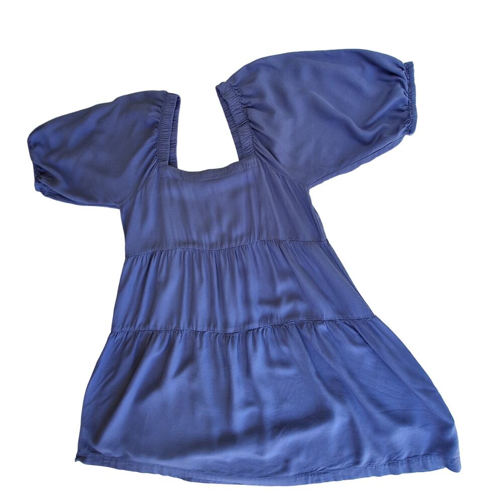 Beyond Words Made n India Tiered Square Neck Puff Sleeve Rayon Blue Gray Dress M